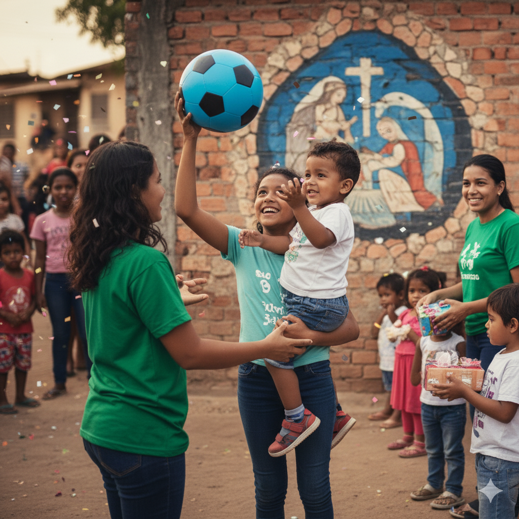 Mulheres segurando uma criança e uma bola de futebol