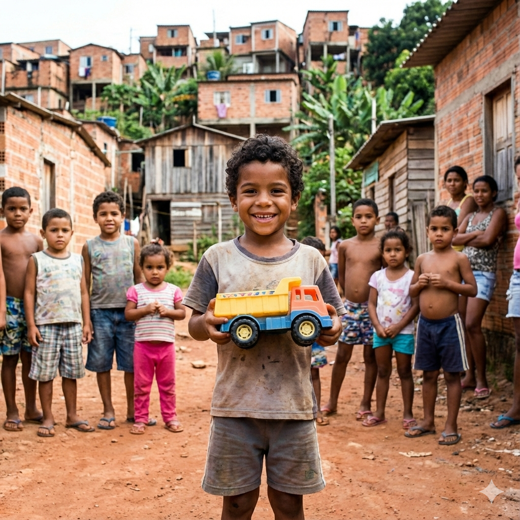 Menino sorriondo com um carrinho de brinquedo na mão